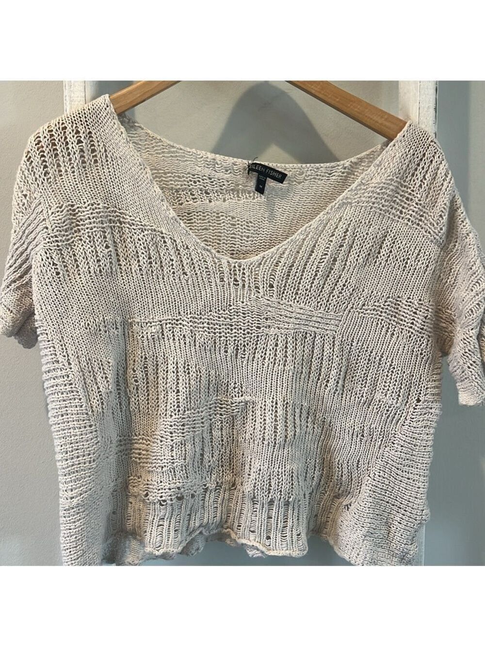 Eileen fisher cream organic cotton open weave Vneck lightweight sweater medium - Picture 2 of 7